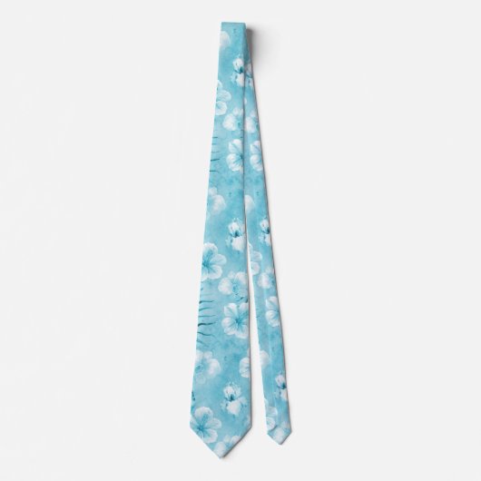 Tropische Aqua White Orchids Hibiscus Floral Stropdas (Voorkant)