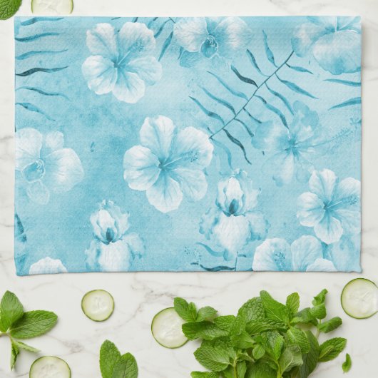 Tropische Aqua White Orchids Hibiscus Floral Theedoek (Gevouwen)
