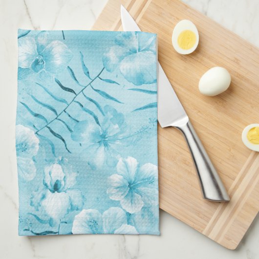 Tropische Aqua White Orchids Hibiscus Floral Theedoek (Quarter Fold)