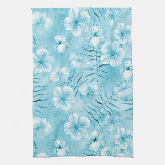 Tropische Aqua White Orchids Hibiscus Floral Theedoek (Verticaal)
