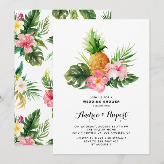Tropische Aquarel Ananas Bruiloft Feest Kaart (Voorkant / Achterkant)