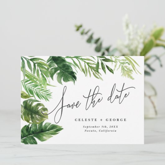 Tropische aquarel blad floral foto save the date (Staand voorkant)