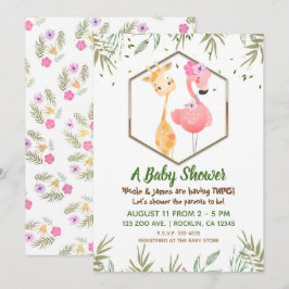 Tropische Aquarel Flamingo & Giraffe Baby Shower Kaart