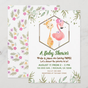 Tropische Aquarel Flamingo & Giraffe Baby Shower Kaart
