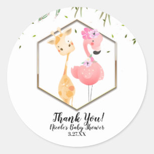 Tropische Aquarel Flamingo & Giraffe Baby Shower Ronde Sticker