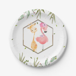 Tropische Aquarel Flamingo & Giraffe Babyfeestje Papieren Bordje