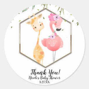 Tropische Aquarel Flamingo & Giraffe Babyfeestje Ronde Sticker