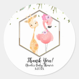 Tropische Aquarel Flamingo & Giraffe Babyfeestje Ronde Sticker