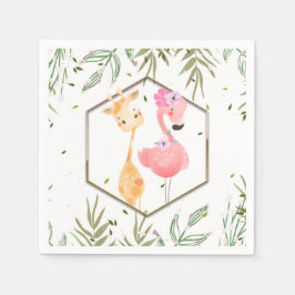 Tropische Aquarel Flamingo & Giraffe Babyfeestje Servet
