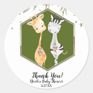 Tropische Aquarel Giraffe & Zebra Babyfeestje Ronde Sticker