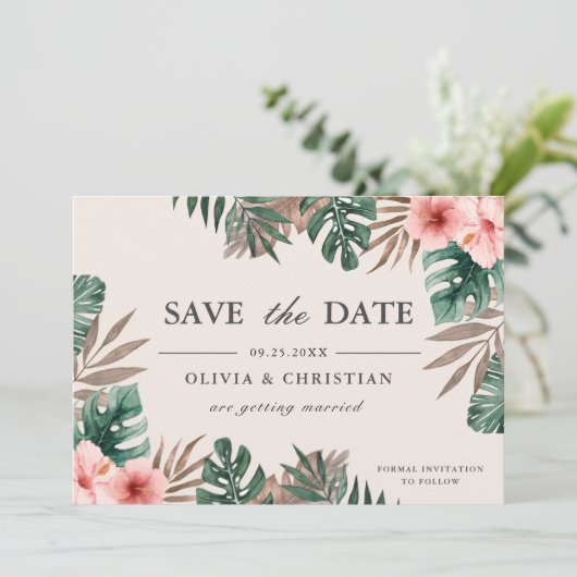 Tropische Aquarel Groene Monstera Bloemen Bruiloft Save The Date (Staand voorkant)