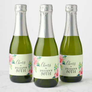 Tropische Aquarel Hibiscus Bloemen op Groene Mini Sparkling Wijnetiket