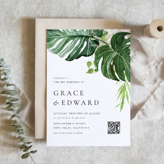 Tropische Aquarel Monstera QR Code Bruiloft Magnetische Uitnodiging
