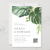 Tropische Aquarel Monstera QR Code Bruiloft Magnetische Uitnodiging (Voorkant)