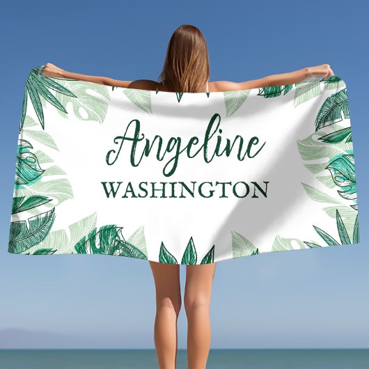 Tropische Aquarel Palmbladeren Aangepaste Naam Strandlaken