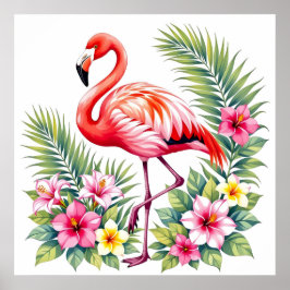 Tropische Aquarel Roze Flamingo Bloemendecor Hawaï Poster