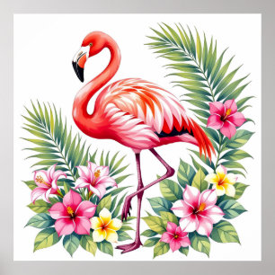 Tropische Aquarel Roze Flamingo Bloemendecor Hawaï Poster