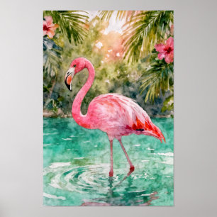 Tropische Aquarel Roze Flamingo Bloemrijke Paradij Poster