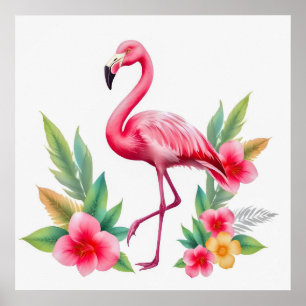Tropische Aquarel Roze Flamingo Bloemstuk Hawaï Poster