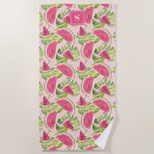 Tropische Aquarel Watermeloen Schijven Met Initiaa Strandlaken (Voorkant)