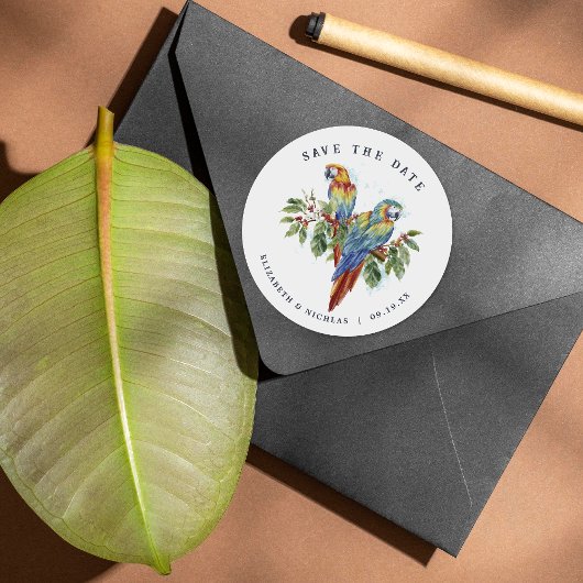 Tropische Ara Save the Date Huwelijk Ronde Sticker