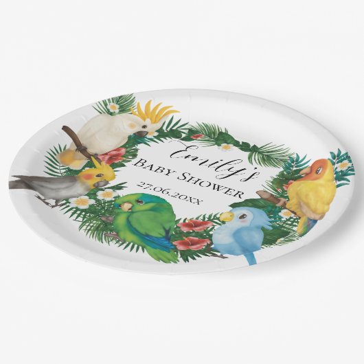 Tropische baby Parrots exotic Greenery Baby shower Papieren Bordje (Gekanteld)