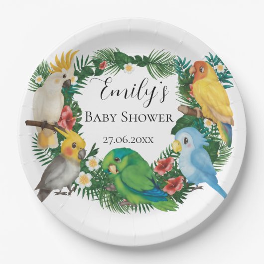 Tropische baby Parrots exotic Greenery Baby shower Papieren Bordje (Voorkant)