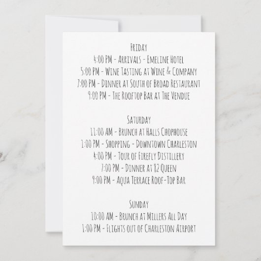 Tropische bachelorette party Weekend Itinerary Kaart (Achterkant)