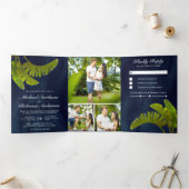 Tropische banaan bladeren 3 in 1 marineblauw bruil drieluik uitnodiging (Binnen)