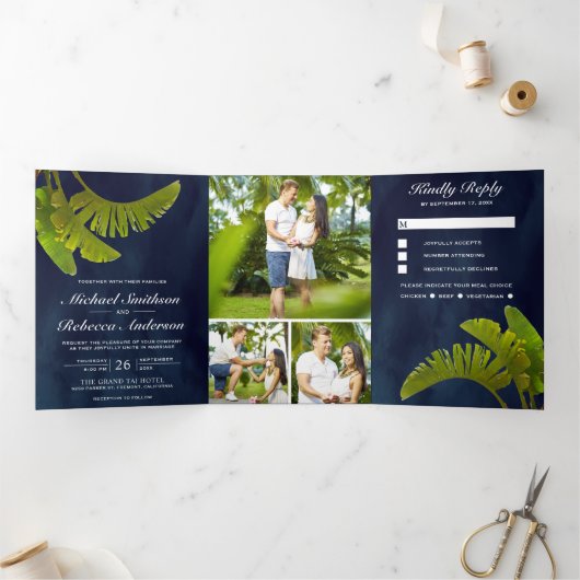 Tropische banaan bladeren 3 in 1 marineblauw bruil drieluik uitnodiging (Binnen)