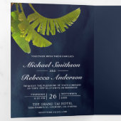 Tropische banaan bladeren 3 in 1 marineblauw bruil drieluik uitnodiging (Binnenzijde eerst)