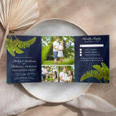 Tropische banaan bladeren 3 in 1 marineblauw bruil drieluik uitnodiging