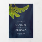 Tropische Bananenbladeren 3 in 1 Navyblauw Bruilof Drieluik Uitnodiging (Cover)