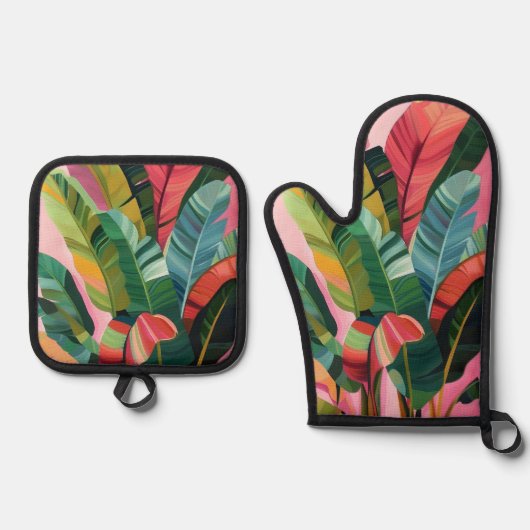 Tropische bananenbladeren ovenwant & pannenlap set (Voorkant)