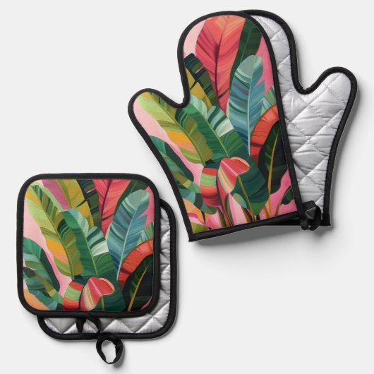 Tropische bananenbladeren ovenwant & pannenlap set (Voorkant / Achterkant)