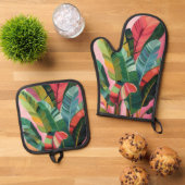 Tropische bananenbladeren ovenwant & pannenlap set (Top down)