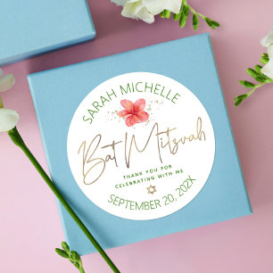 Tropische Bat Mitzvah Aquarel Bloemendecor Gouden  Ronde Sticker