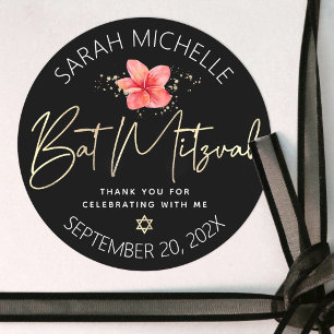 Tropische Bat Mitzvah Zwart Goud Bloemenschilderin Ronde Sticker