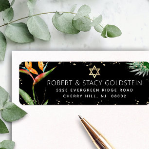 Tropische Bat Mitzvah Zwart Goud Waterverf Adres Etiket