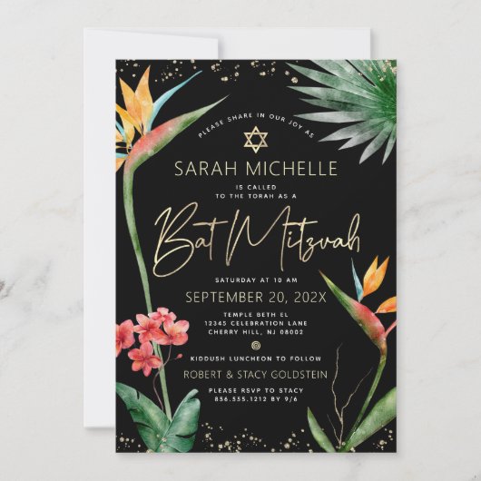 Tropische BBT Mitzvah Black Gold Floral Waterverf Kaart (Voorkant)