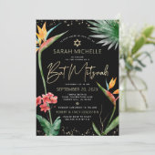 Tropische BBT Mitzvah Black Gold Floral Waterverf Kaart (Staand voorkant)