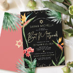 Tropische BBT Mitzvah Black Gold Floral Waterverf Kaart<br><div class="desc">Wees trots, blij en toon deze mijlpaal van je favoriete Bat Mitzvah met deze geavanceerde, persoonlijke uitnodiging! Stijlvolle, verbluffende, kleurrijke, tropische waterverf vogels van paradijse bloemen, faux goudhandgeschreven script, Star of David en glitter stippen, samen met het moderne sans serif type, bedekken een dramatische, zwarte achtergrond. Extra waterverf palmbladeren en...</div>