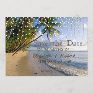 Tropische beach, palm, string lichten sparen de da save the date