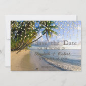 Tropische beach, palm, string lichten sparen de da save the date (Voorkant)