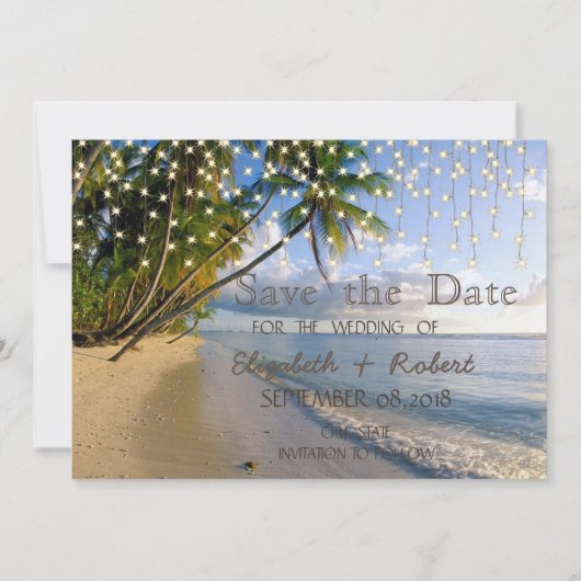 Tropische beach, palm, string lichten sparen de da save the date (Voorkant)