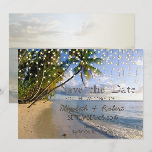 Tropische beach, palm, string lichten sparen de da save the date (Voorkant / Achterkant)
