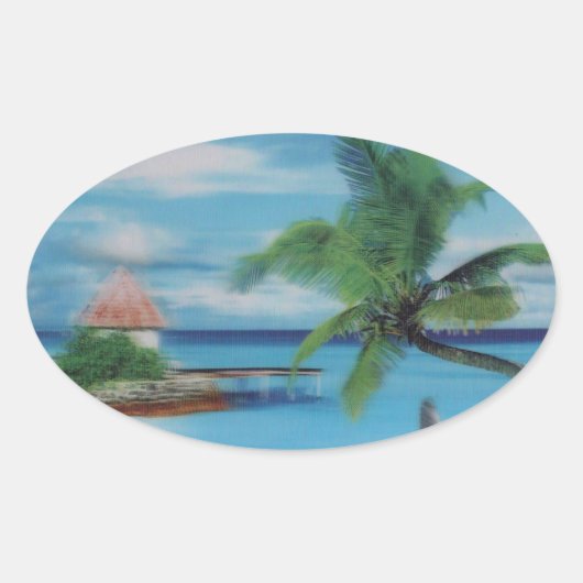 Tropische Beach Scene Art Print Ovale Sticker (Voorkant)