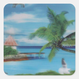 Tropische Beach Scene Art Print Vierkante Sticker