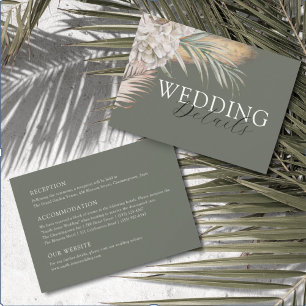 Tropische Beige Bloemen- en Palm Huwelijksdetails Informatiekaartje
