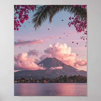 Tropische bergzonsondergang bloem landschap poster